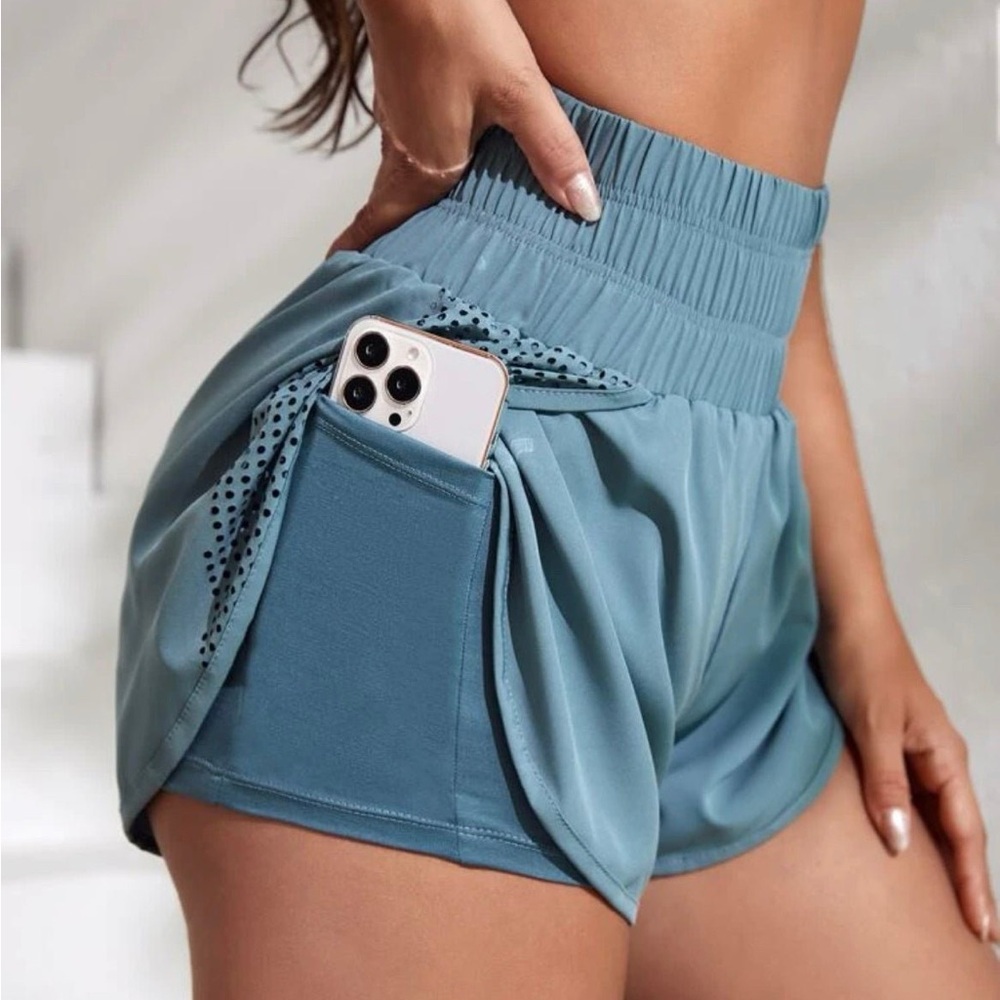 Double layer sports shorts in slate blue size M